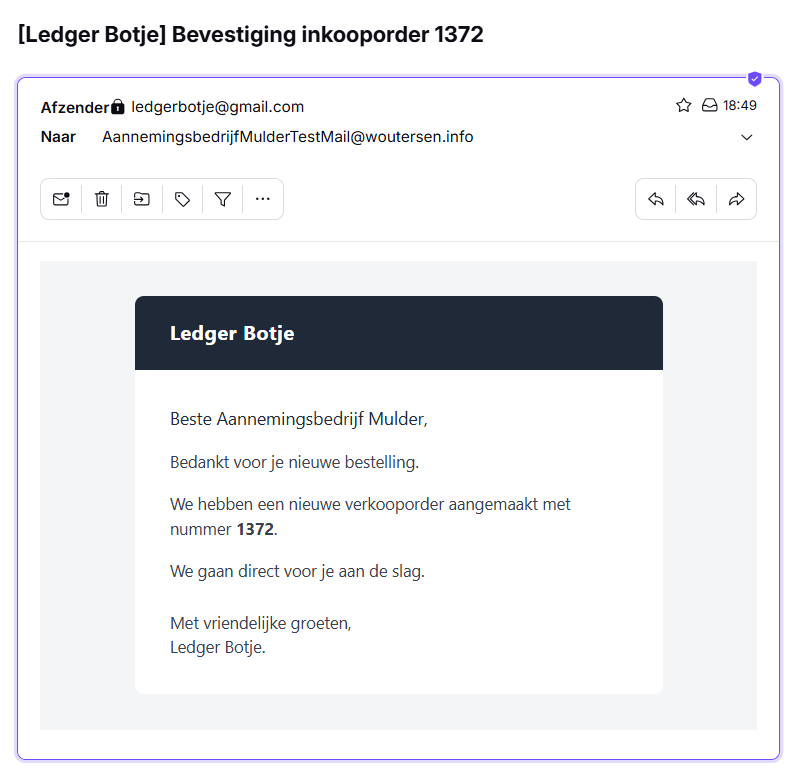 Ontvangen orderbevestiging per e-mail met het ordernummer, gericht aan Aannemingsbedrijf Mulder